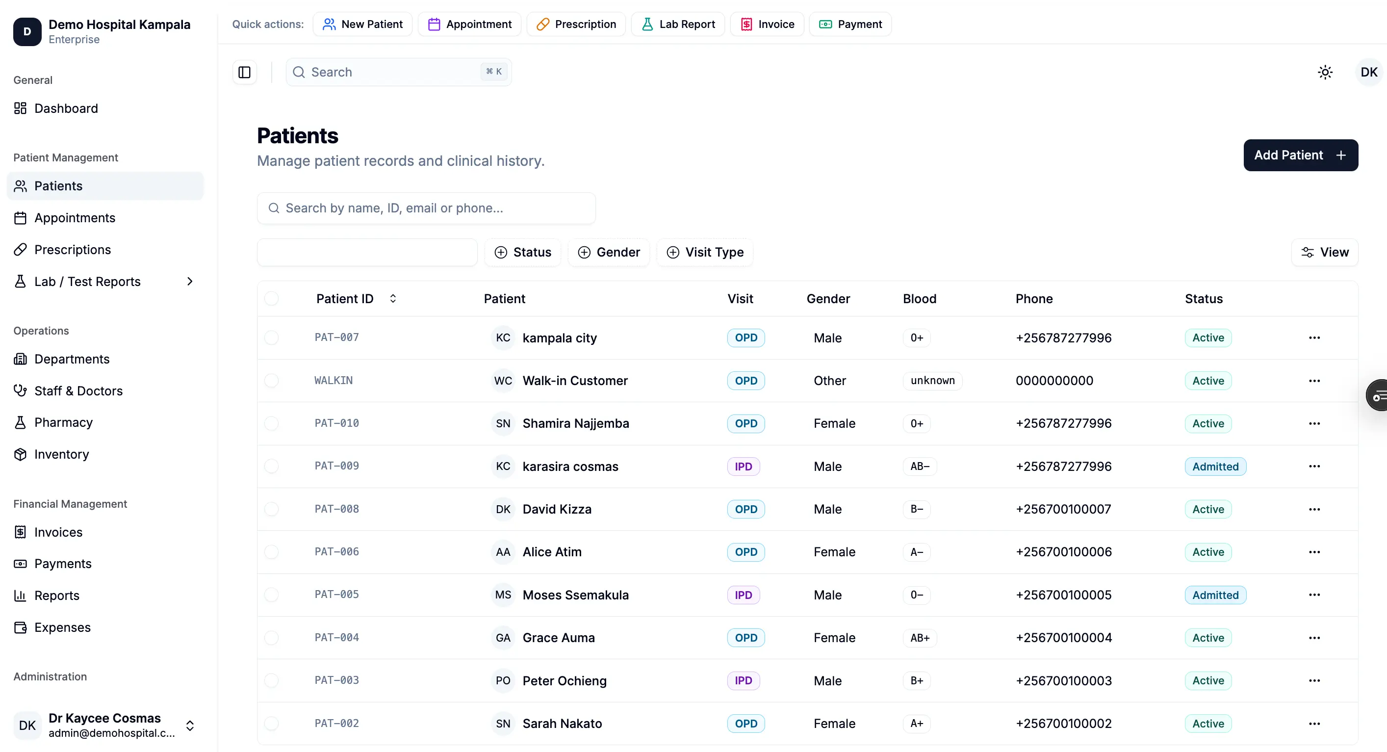 Hospital management system Uganda — PearlCare HMS patient records dashboard showing searchable patient list