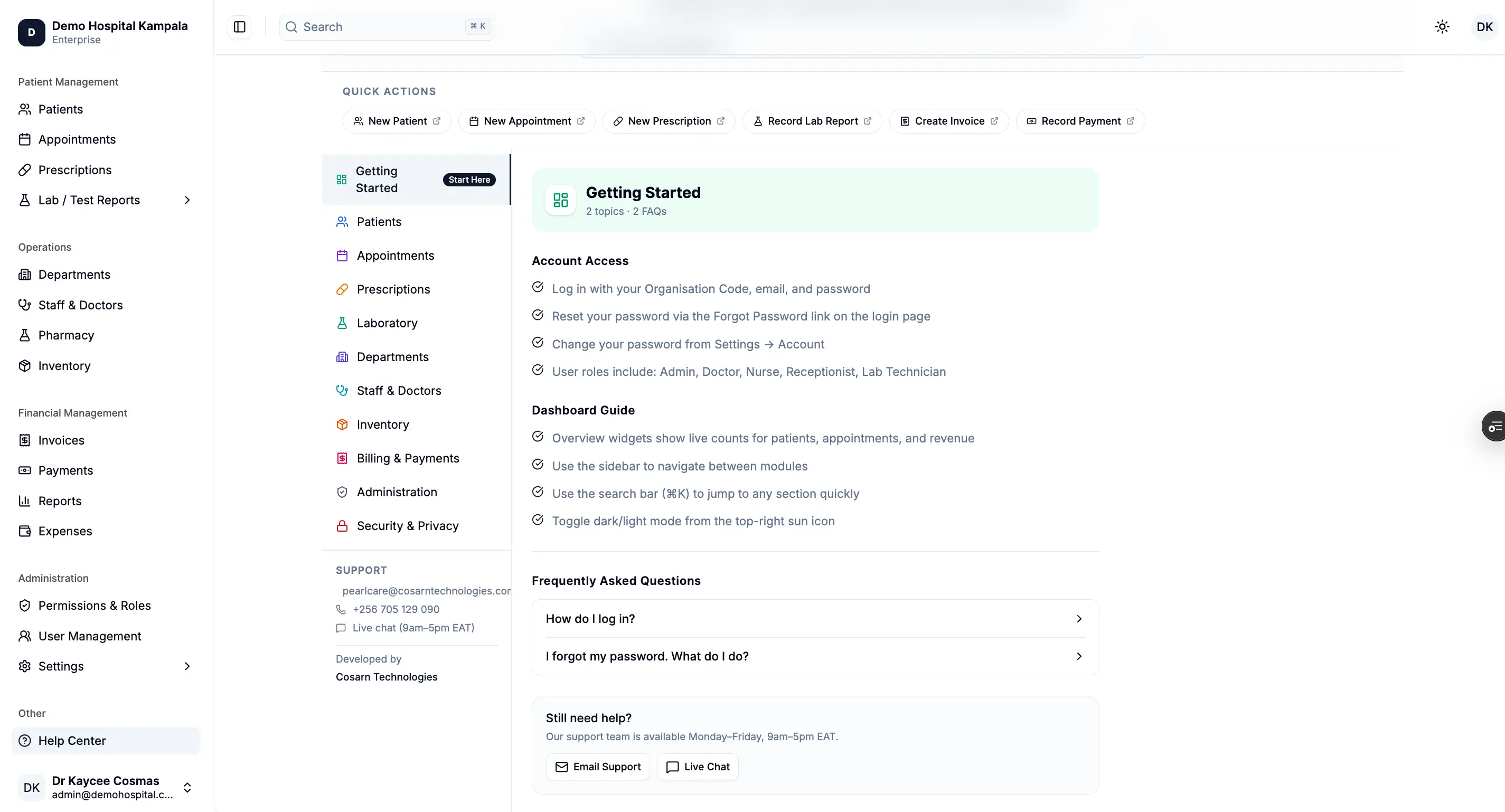 PearlCare HMS help center showing hospital staff onboarding guide and support options