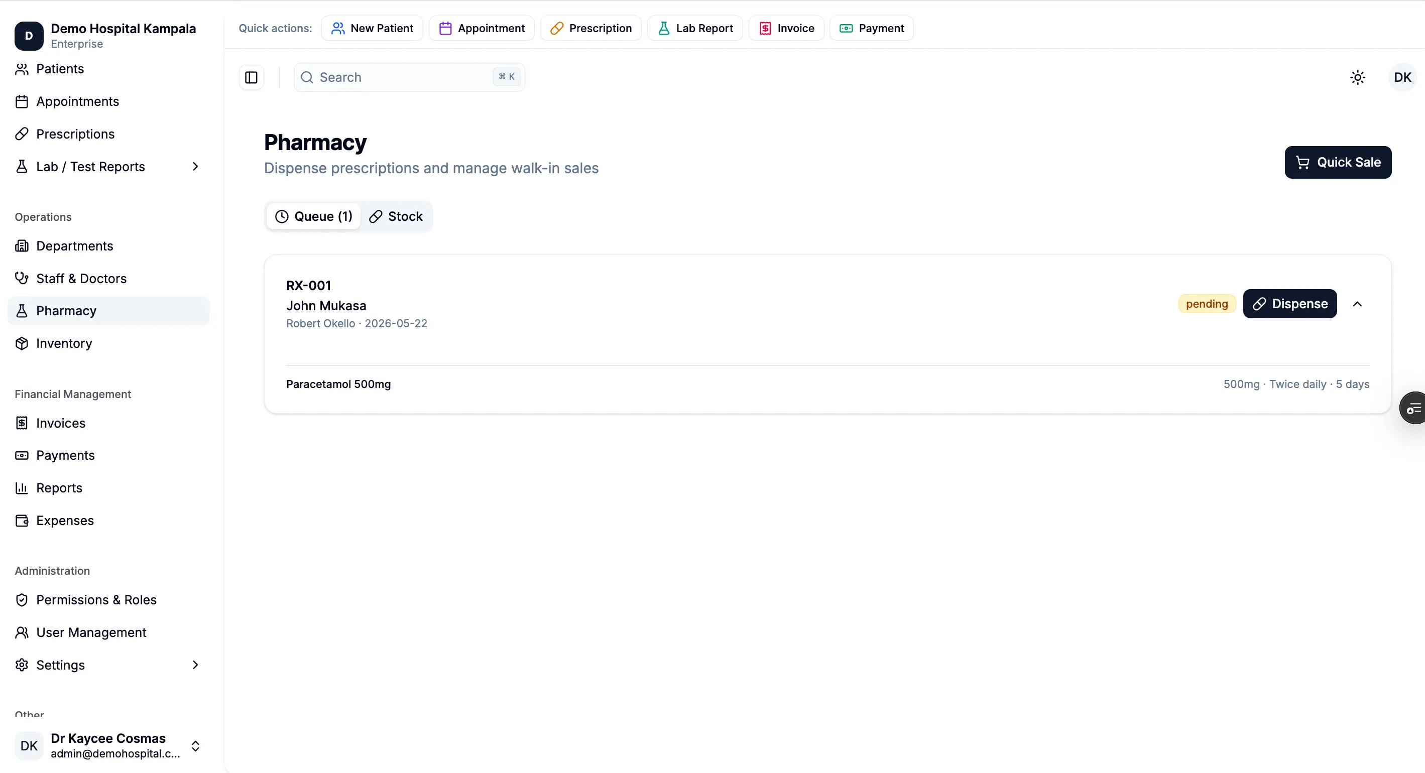 Hospital pharmacy management software showing prescription dispensing queue in PearlCare HMS