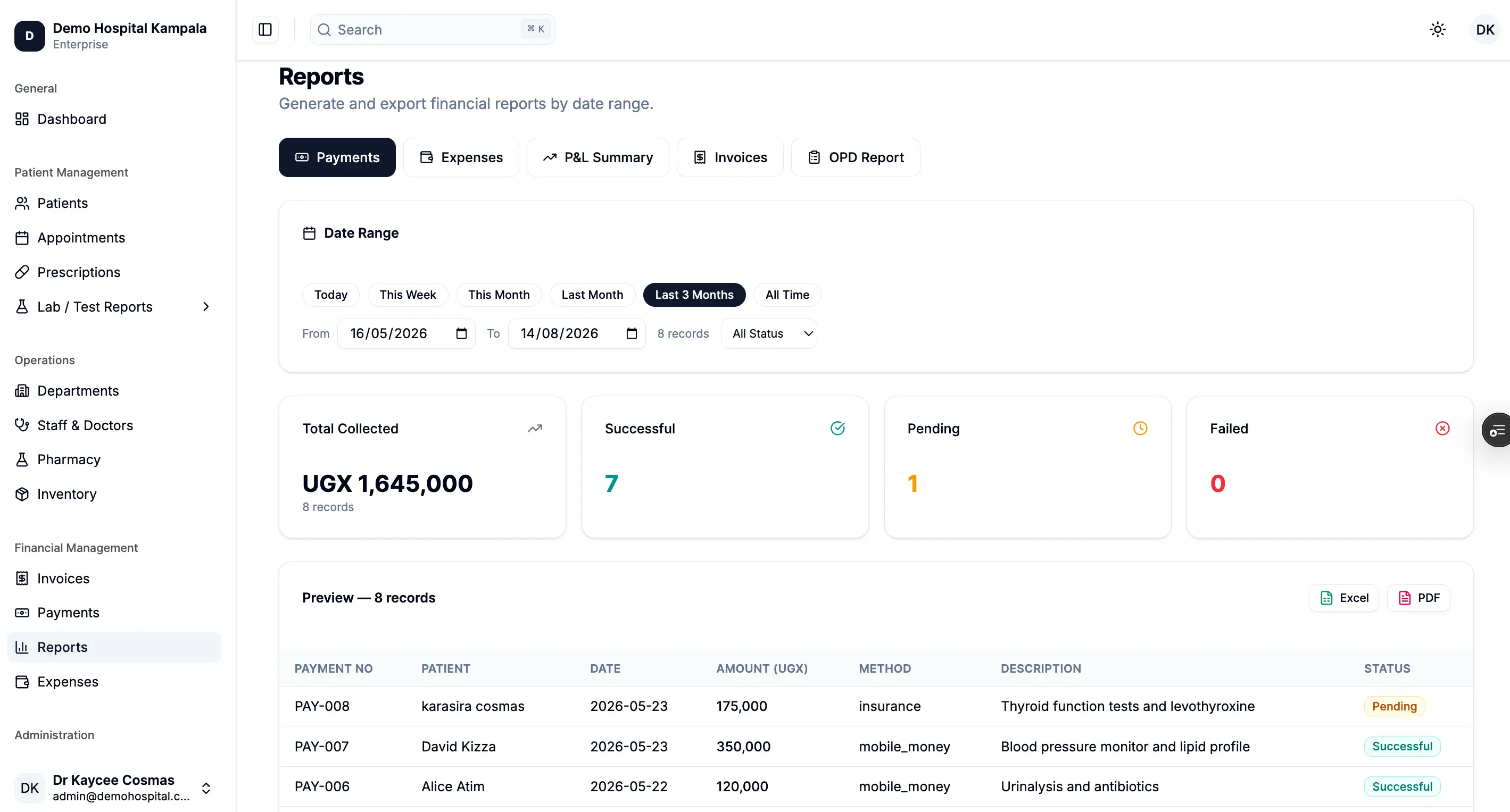 Hospital billing software report showing payment collections and financial summary in PearlCare HMS